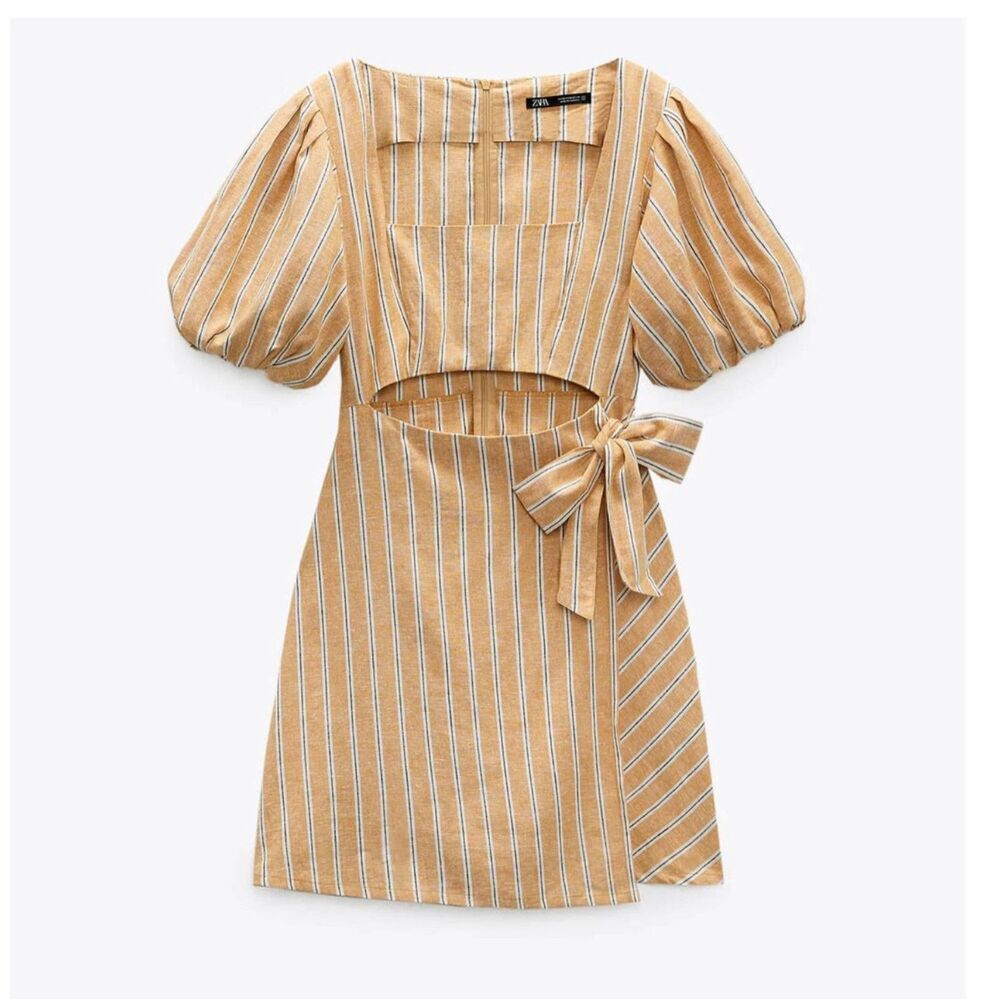 Zara Yellow Striped Linen Blend Mini Dress-Size M